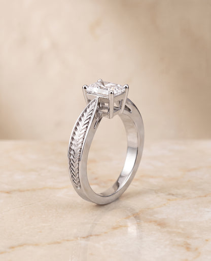 The Roberta Vintage Leaf Pattern Solitaire Radiant Cut Engagement Ring Setting in Platinum