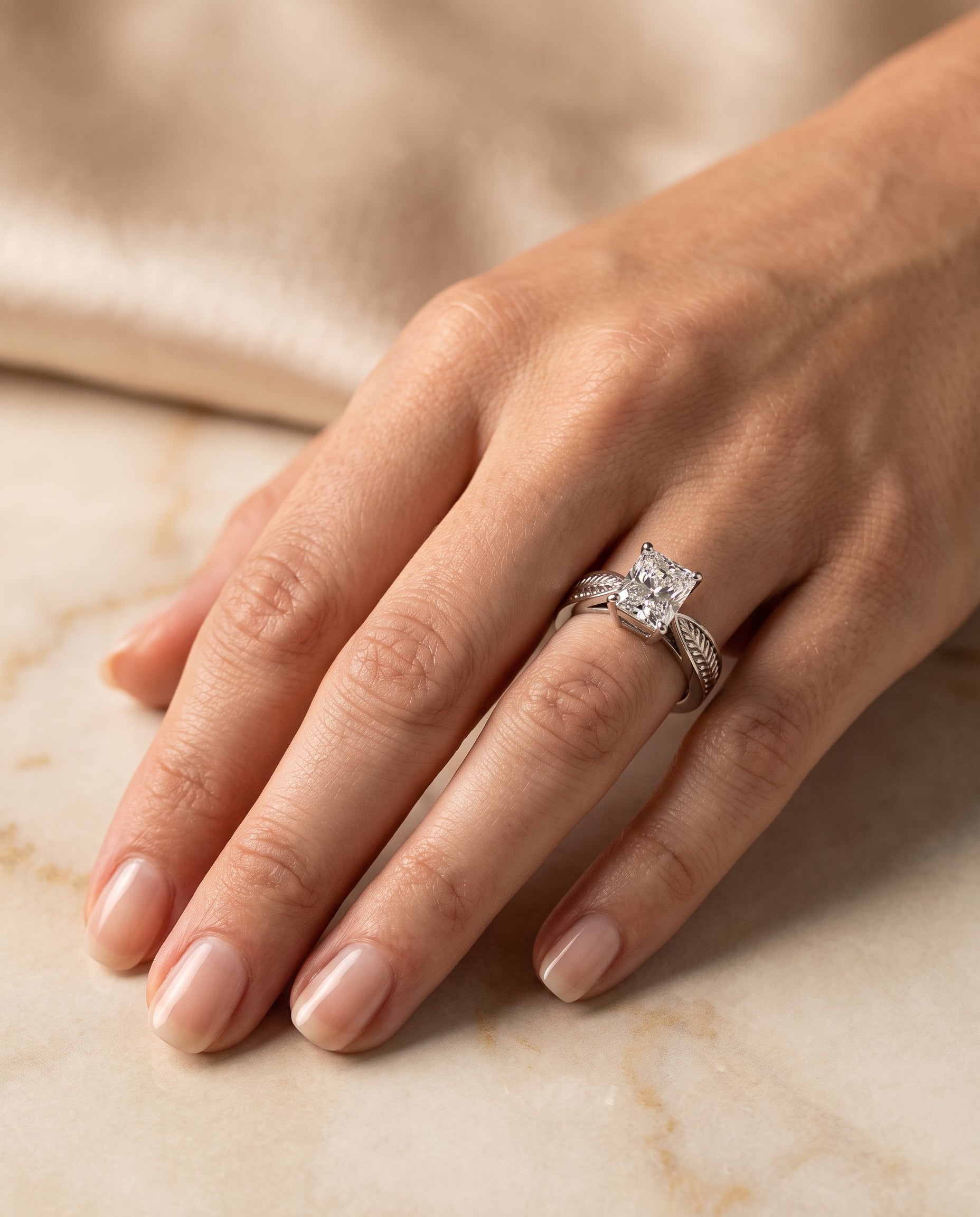 The Roberta engagement ring setting in Platinum, vintage leaf pattern solitaire cut design | RockHer
