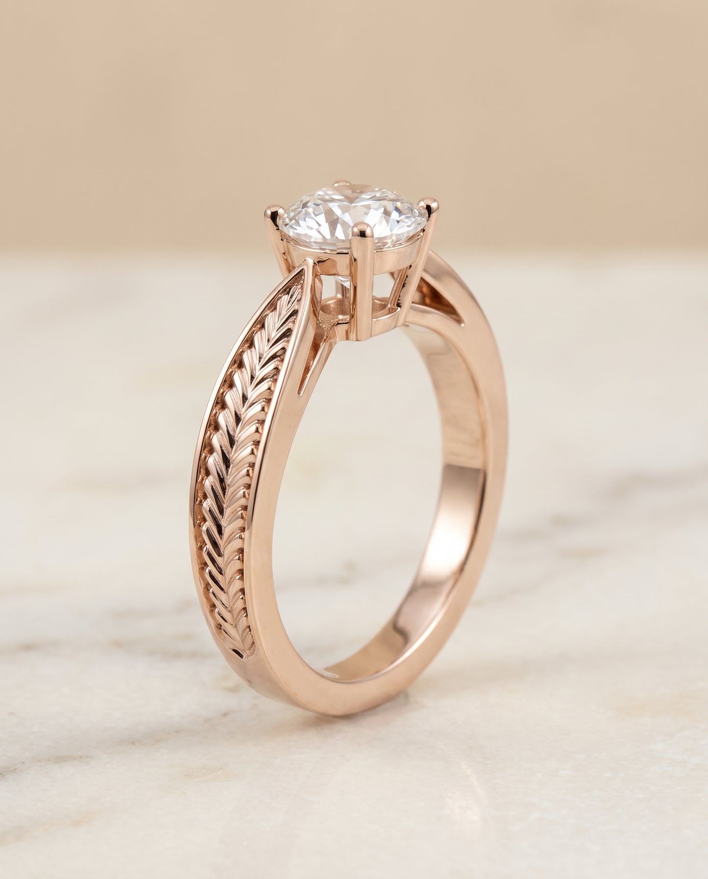The Roberta Vintage Leaf Pattern Solitaire Round Engagement Ring Setting in 14K Rose Gold