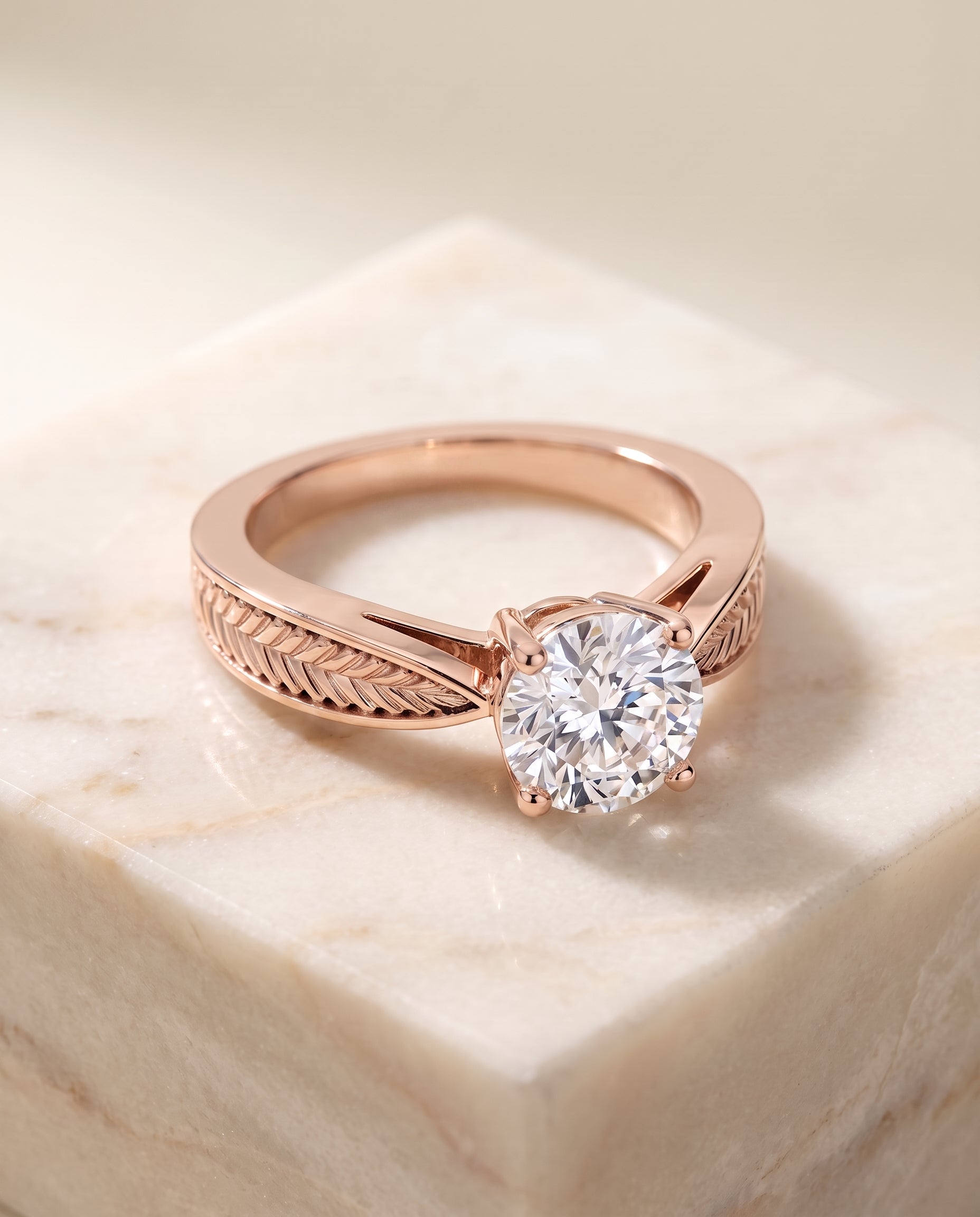 The Roberta Vintage Leaf Pattern Solitaire Round Engagement Ring Setting in 14K Rose Gold