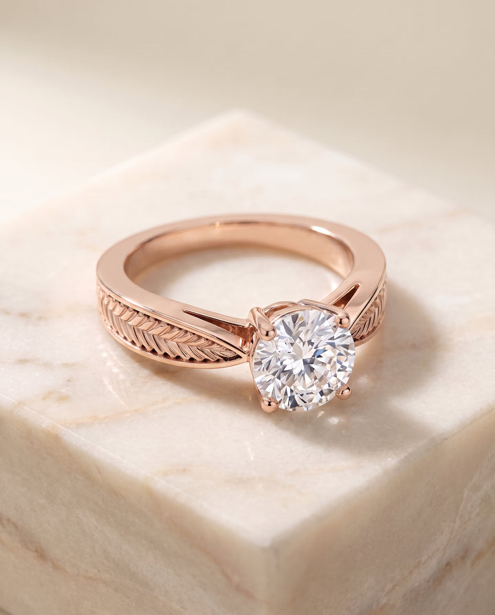 The Roberta Vintage Leaf Pattern Solitaire Round Engagement Ring Setting in 14K Rose Gold