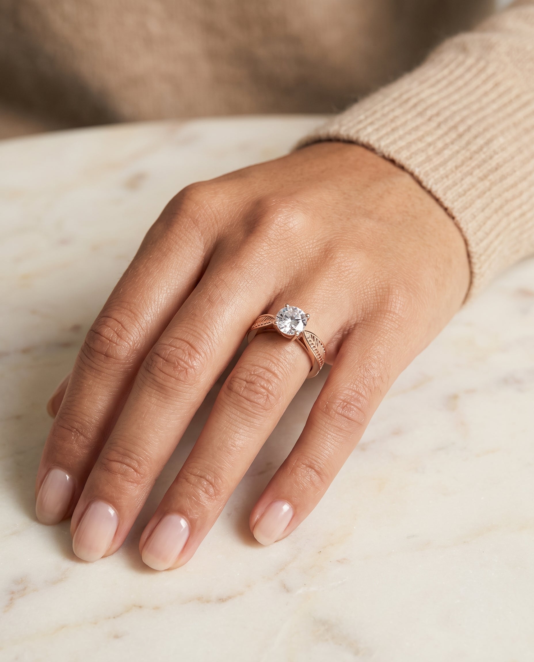 The Roberta Vintage Leaf Pattern Solitaire Round Engagement Ring Setting in 14K Rose Gold