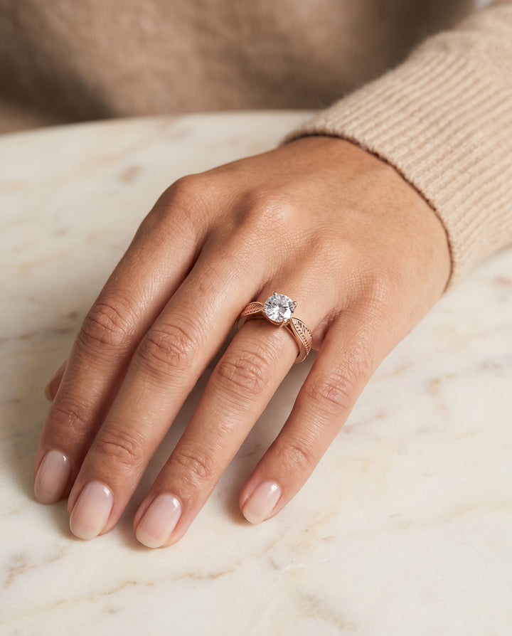 The Roberta Vintage Leaf Pattern Solitaire Round Engagement Ring Setting in 14K Rose Gold
