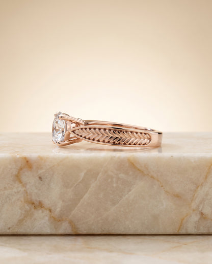 The Roberta Vintage Leaf Pattern Solitaire Round Engagement Ring Setting in 14K Rose Gold