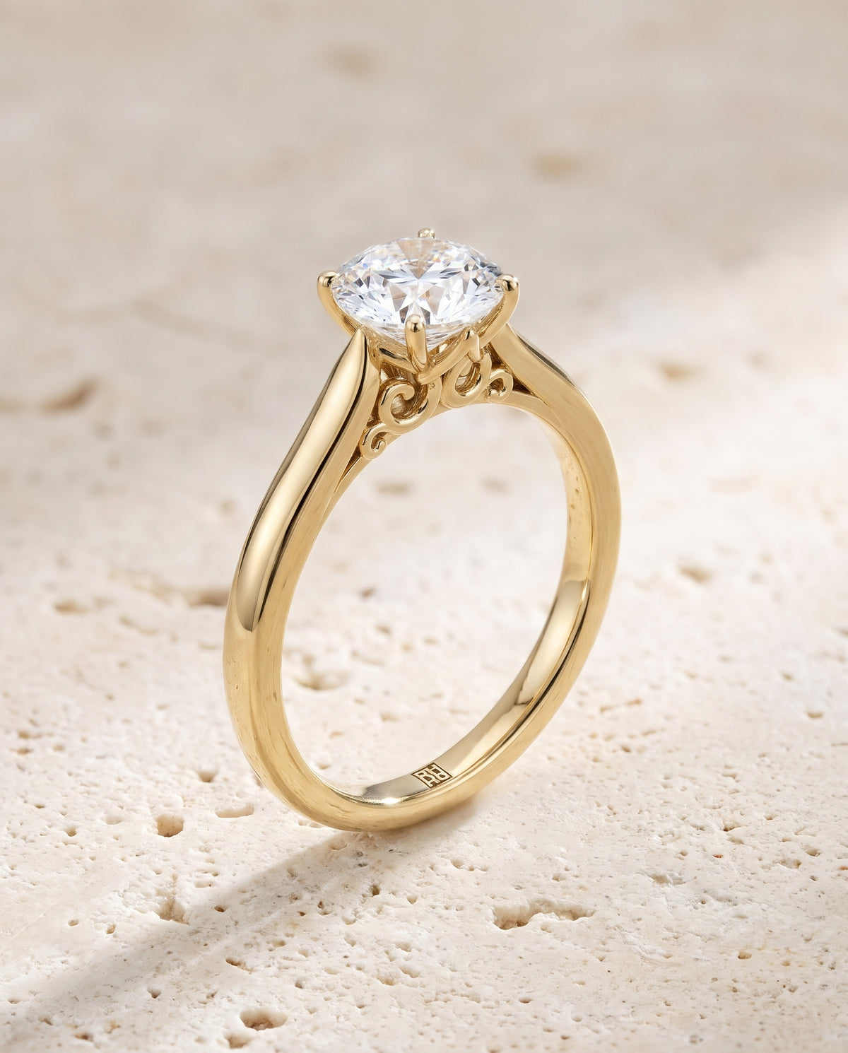 The Rosalie Scroll Gallery Solitaire Round Engagement Ring Setting in 18K Yellow Gold