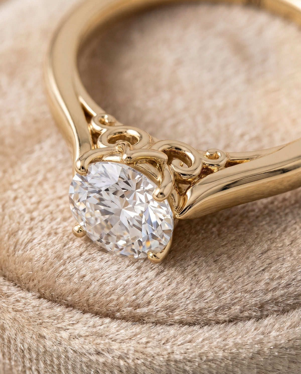 The Rosalie Scroll Gallery Solitaire Round Engagement Ring Setting in 18K Yellow Gold