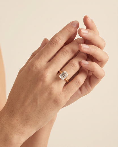 The Rosanna Cathedral Surprise Stone Solitaire Emerald Cut Engagement Ring Setting in 18K Yellow Gold