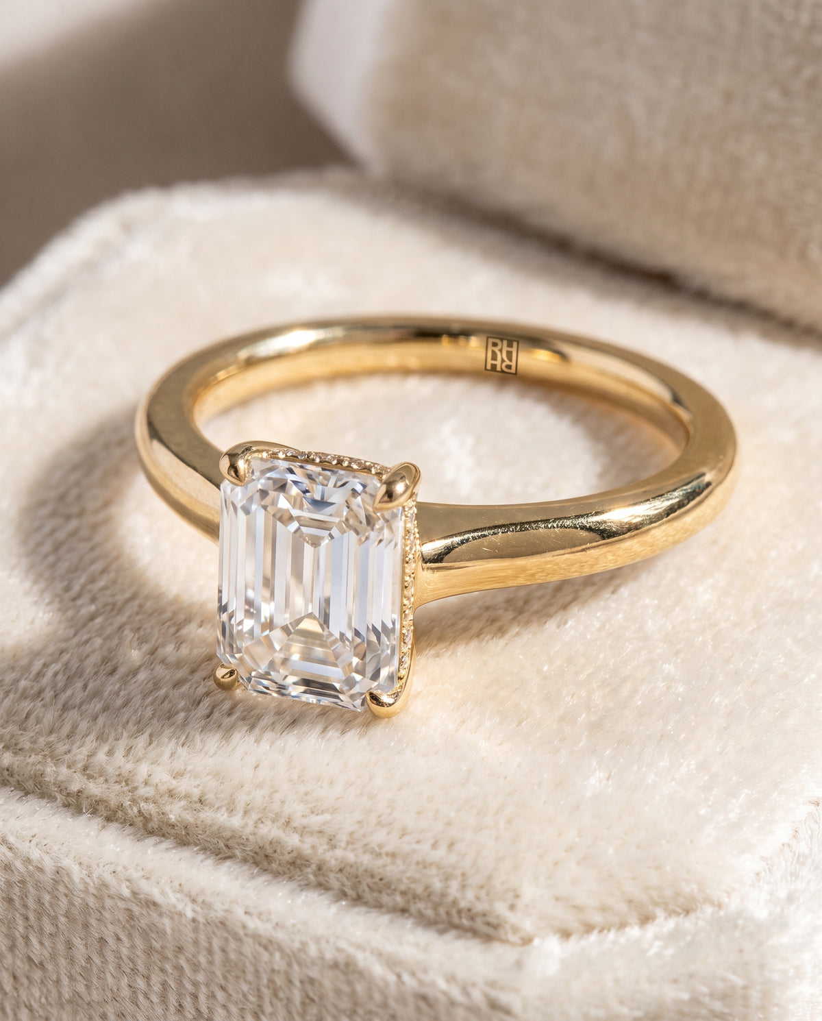 The Rosanna Cathedral Surprise Stone Solitaire Emerald Cut Engagement Ring Setting in 18K Yellow Gold