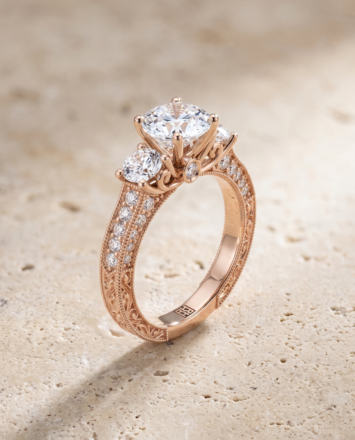 The Rosie Vintage Three Stone Round Engagement Ring Setting in 14K Rose Gold