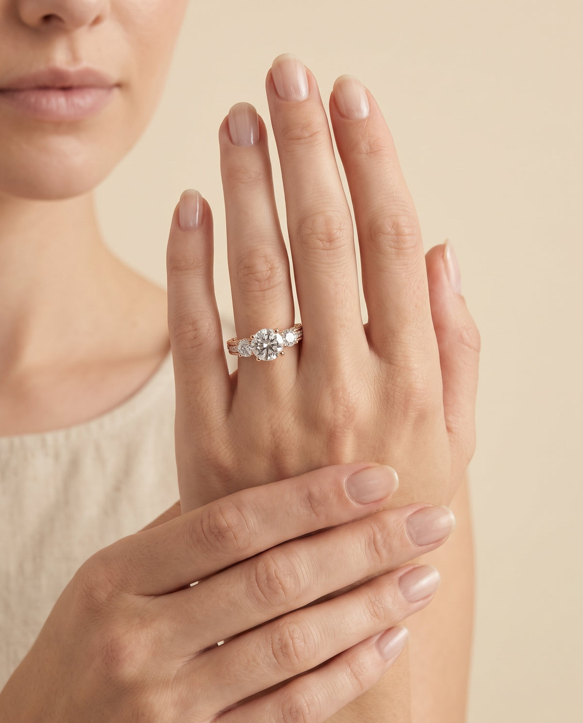 The Rosie Vintage Three Stone Round Engagement Ring Setting in 14K Rose Gold