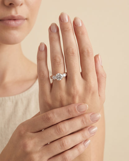 The Rosie Vintage Three Stone Round Engagement Ring Setting in 14K Rose Gold