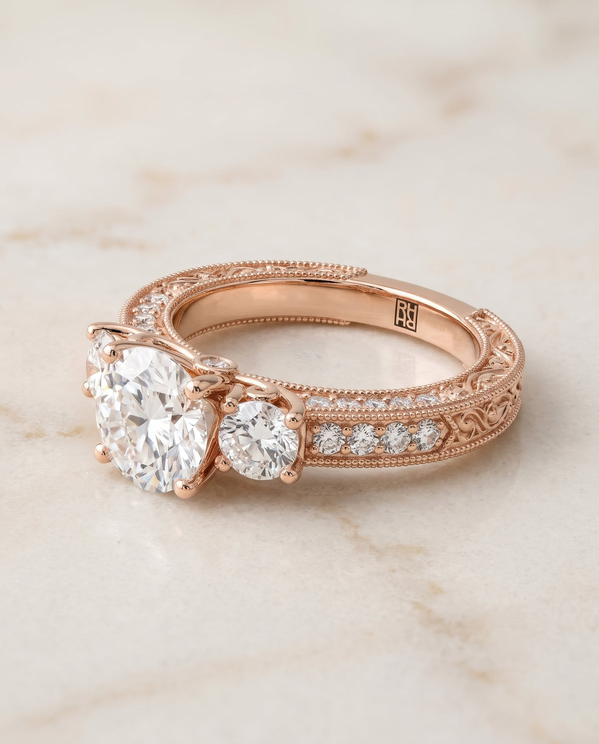 The Rosie Vintage Three Stone Round Engagement Ring Setting in 14K Rose Gold