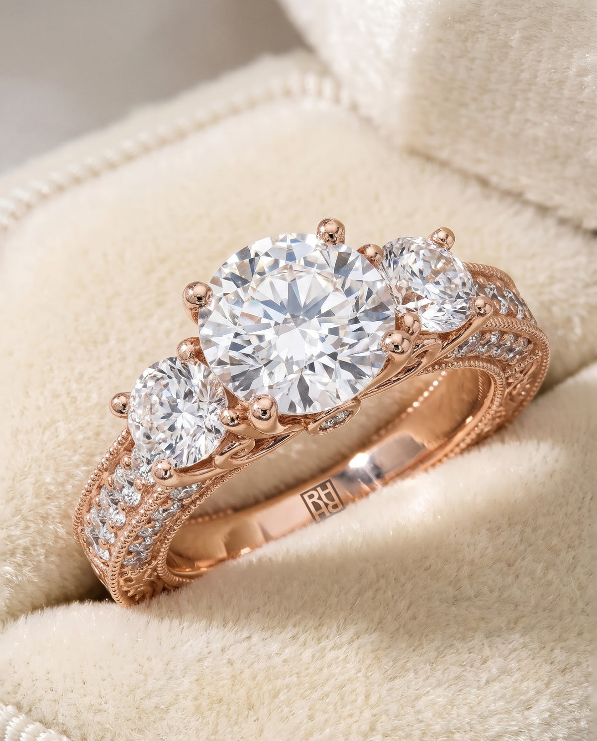 The Rosie Vintage Three Stone Round Engagement Ring Setting in 14K Rose Gold
