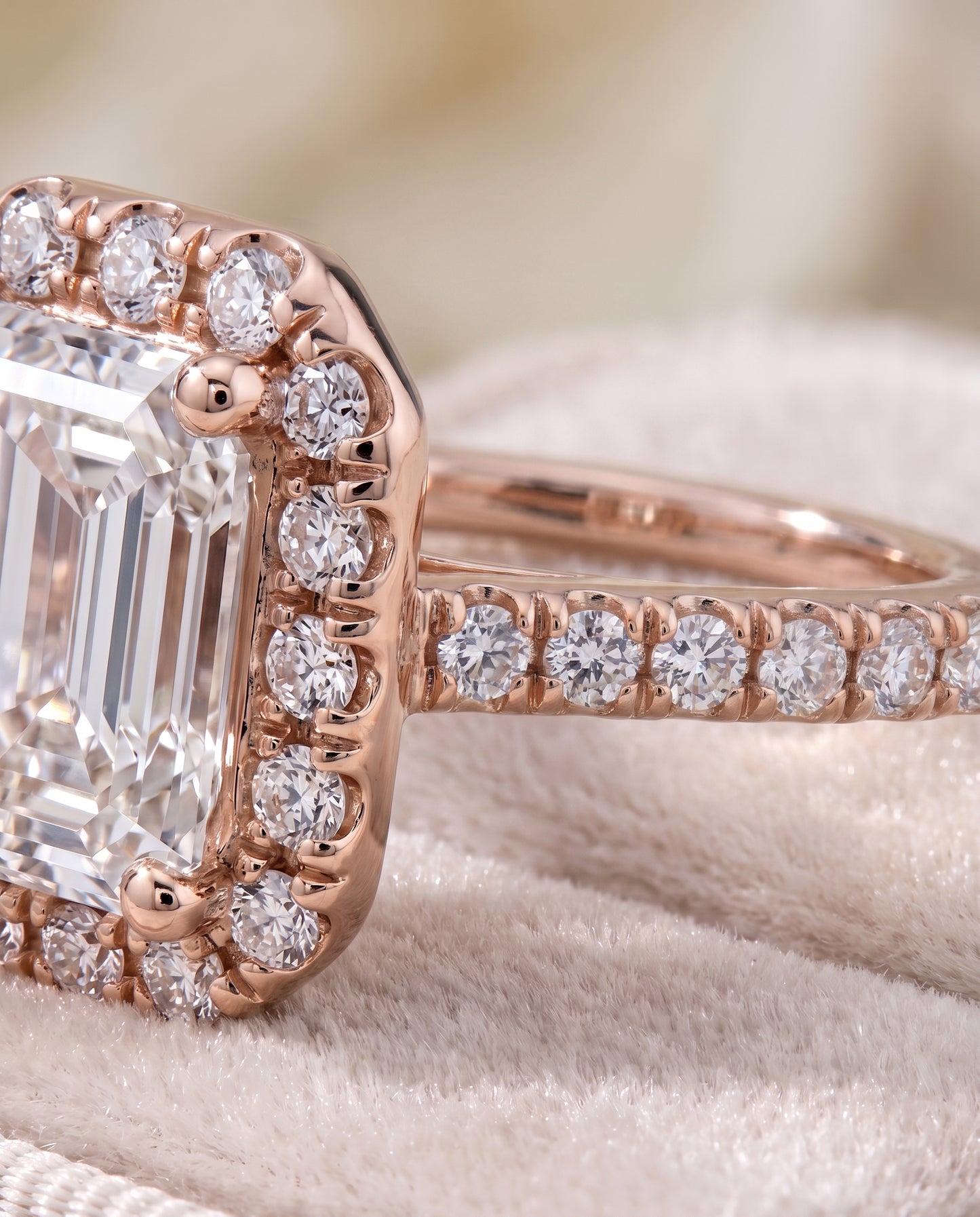 The Sade Classic French Pavé Halo Linear Emerald Cut Engagement Ring Setting in 14K Rose Gold
