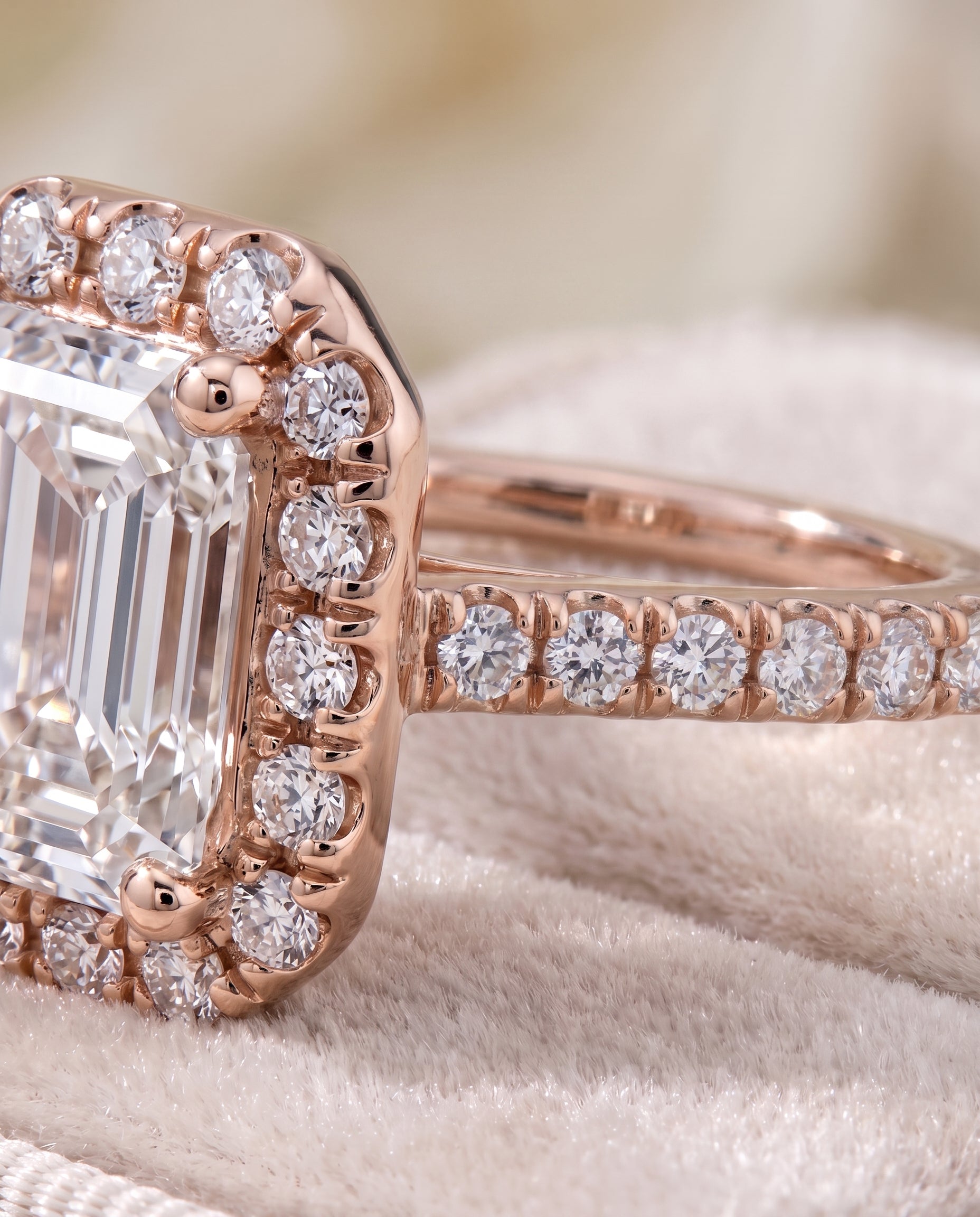 The Sade Classic French Pavé Halo Linear Emerald Cut Engagement Ring Setting in 14K Rose Gold