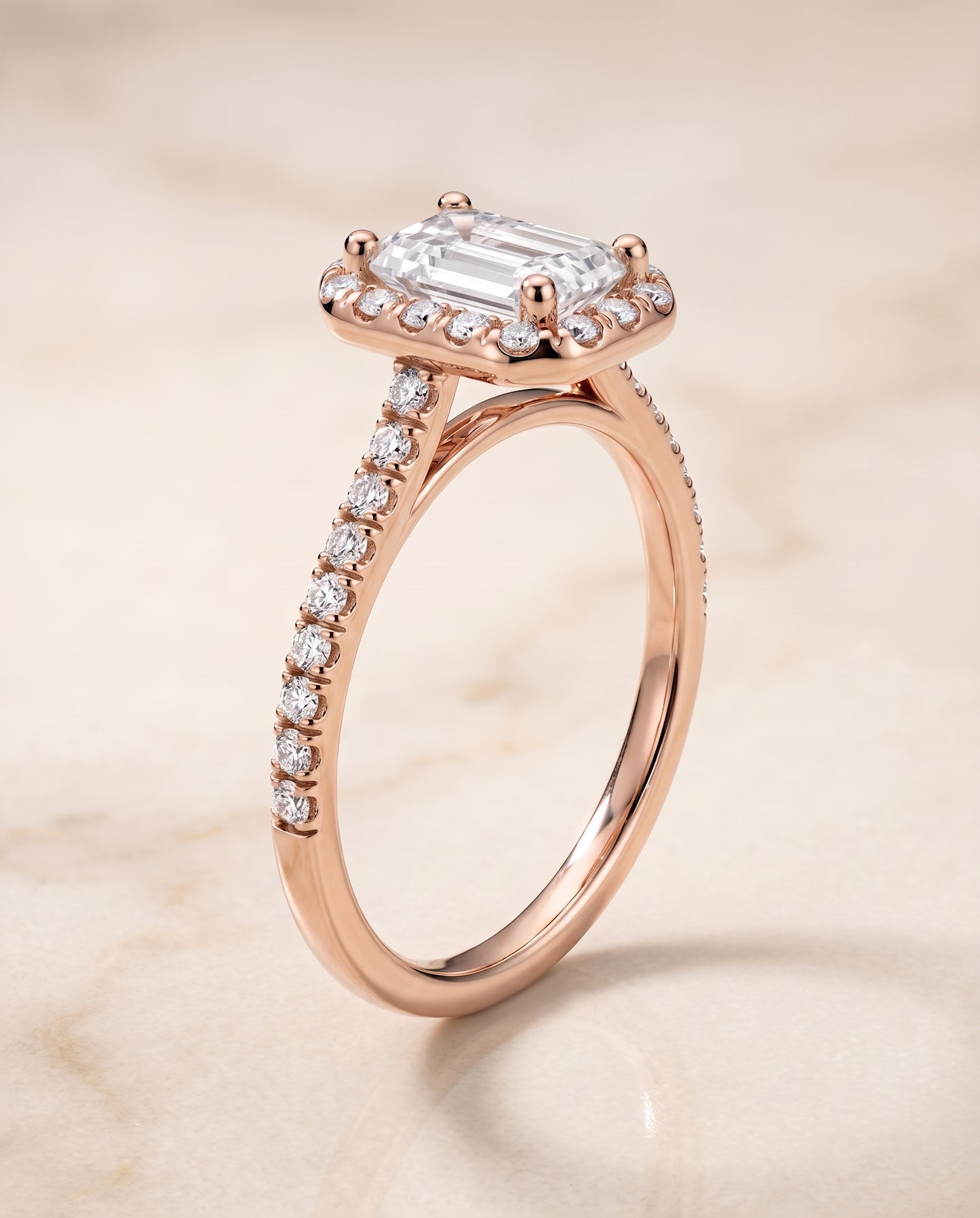 The Sade Classic French Pavé Halo Linear Emerald Cut Engagement Ring Setting in 14K Rose Gold