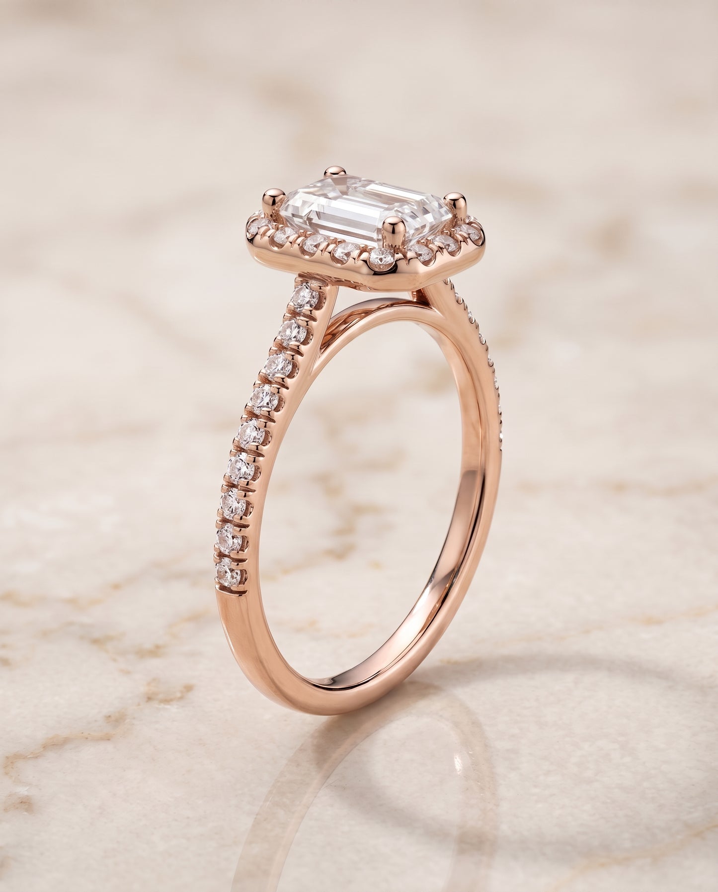 The Sade Classic French Pavé Halo Linear Emerald Cut Engagement Ring Setting in 14K Rose Gold