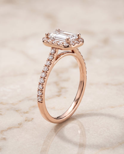 The Sade Classic French Pavé Halo Linear Emerald Cut Engagement Ring Setting in 14K Rose Gold
