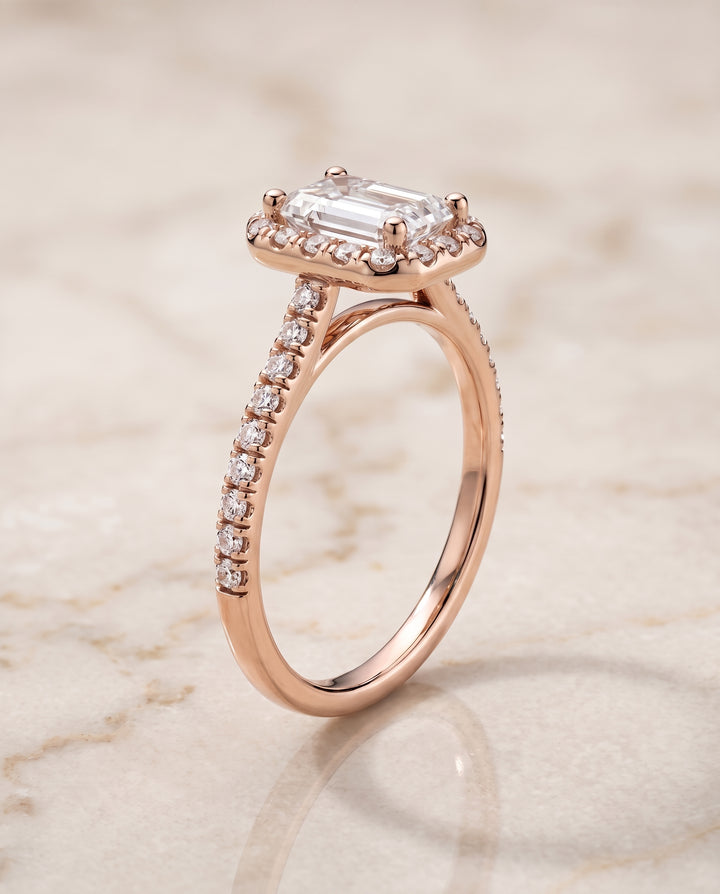 The Sade Classic French Pavé Halo Linear Emerald Cut Engagement Ring Setting in 14K Rose Gold