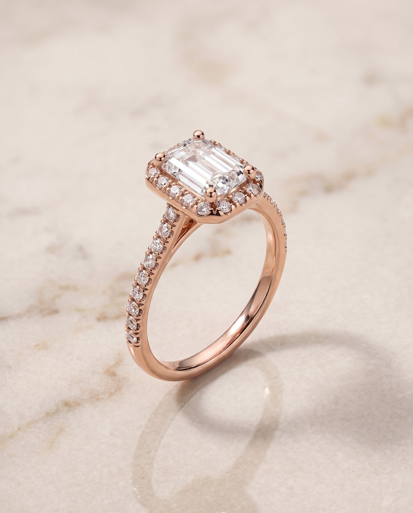 The Sade Classic French Pavé Halo Linear Emerald Cut Engagement Ring Setting in 14K Rose Gold