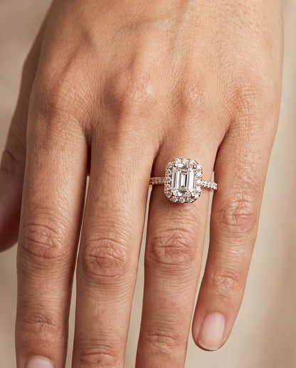 The Sade Classic French Pavé Halo Linear Emerald Cut Engagement Ring Setting in 14K Rose Gold