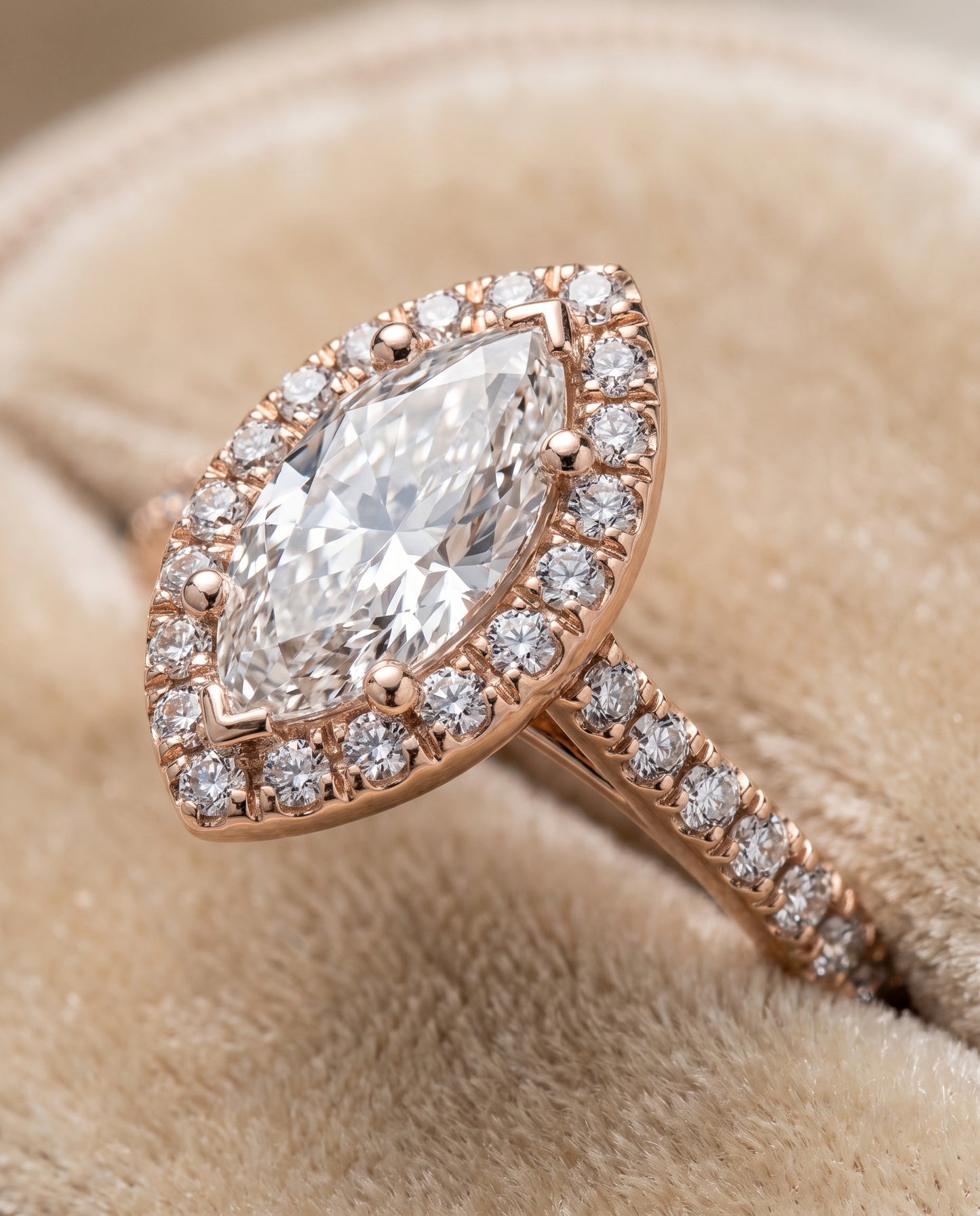 The Sade Classic French Pavé Halo Linear Marquise Engagement Ring Setting in 14K Rose Gold