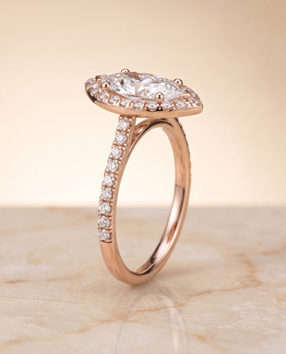The Sade Classic French Pavé Halo Linear Marquise Engagement Ring Setting in 14K Rose Gold