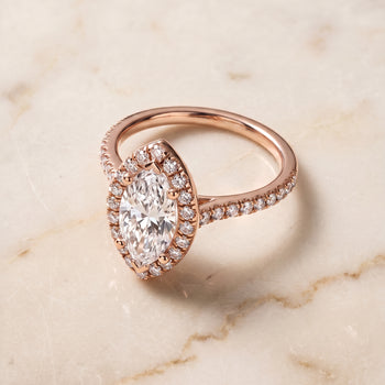 The Sade Classic French Pavé Halo Linear Marquise Engagement Ring Setting in 14K Rose Gold