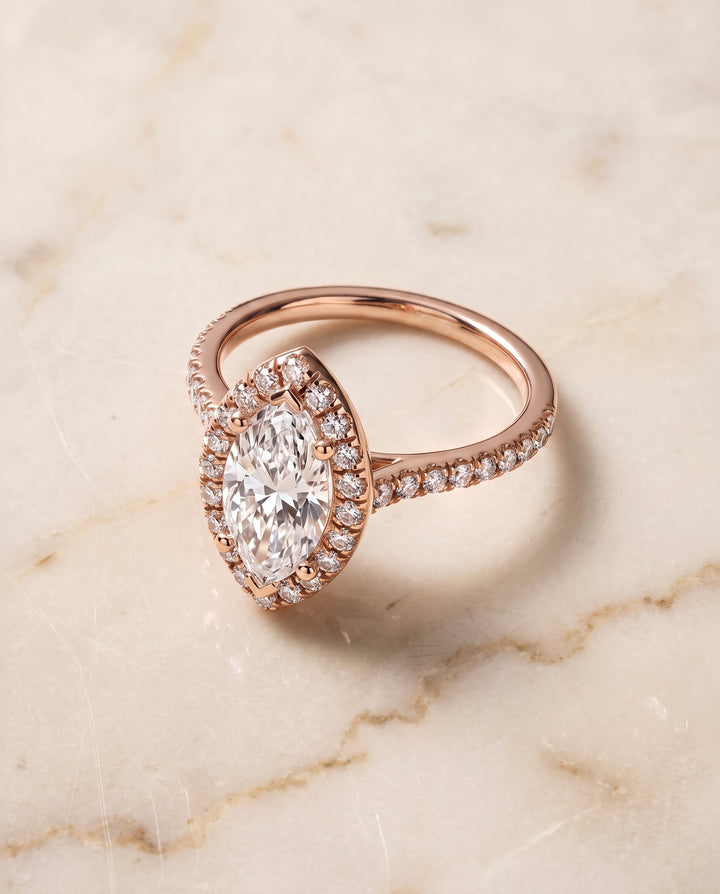 The Sade Classic French Pavé Halo Linear Marquise Engagement Ring Setting in 14K Rose Gold