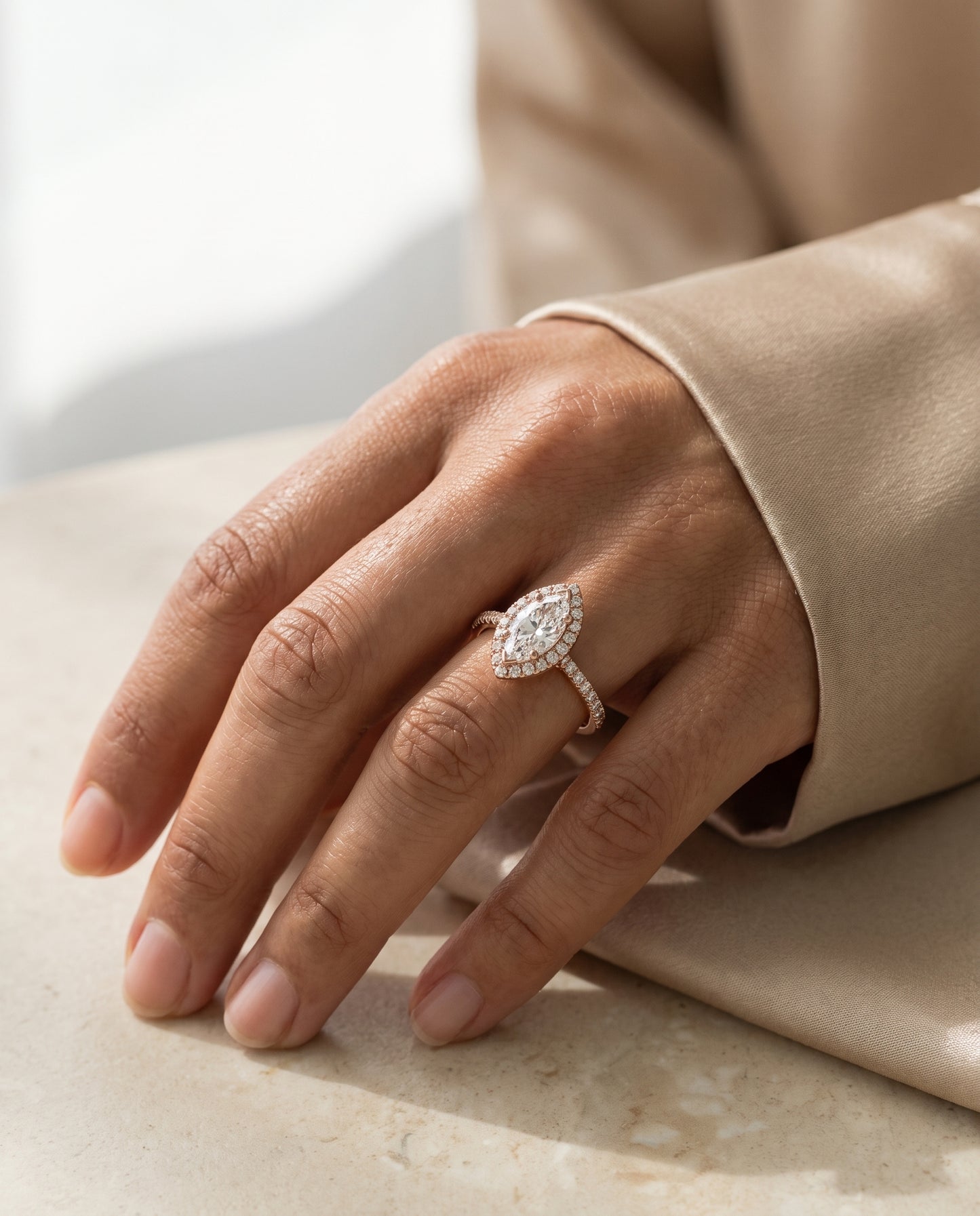 The Sade Classic French Pavé Halo Linear Marquise Engagement Ring Setting in 14K Rose Gold