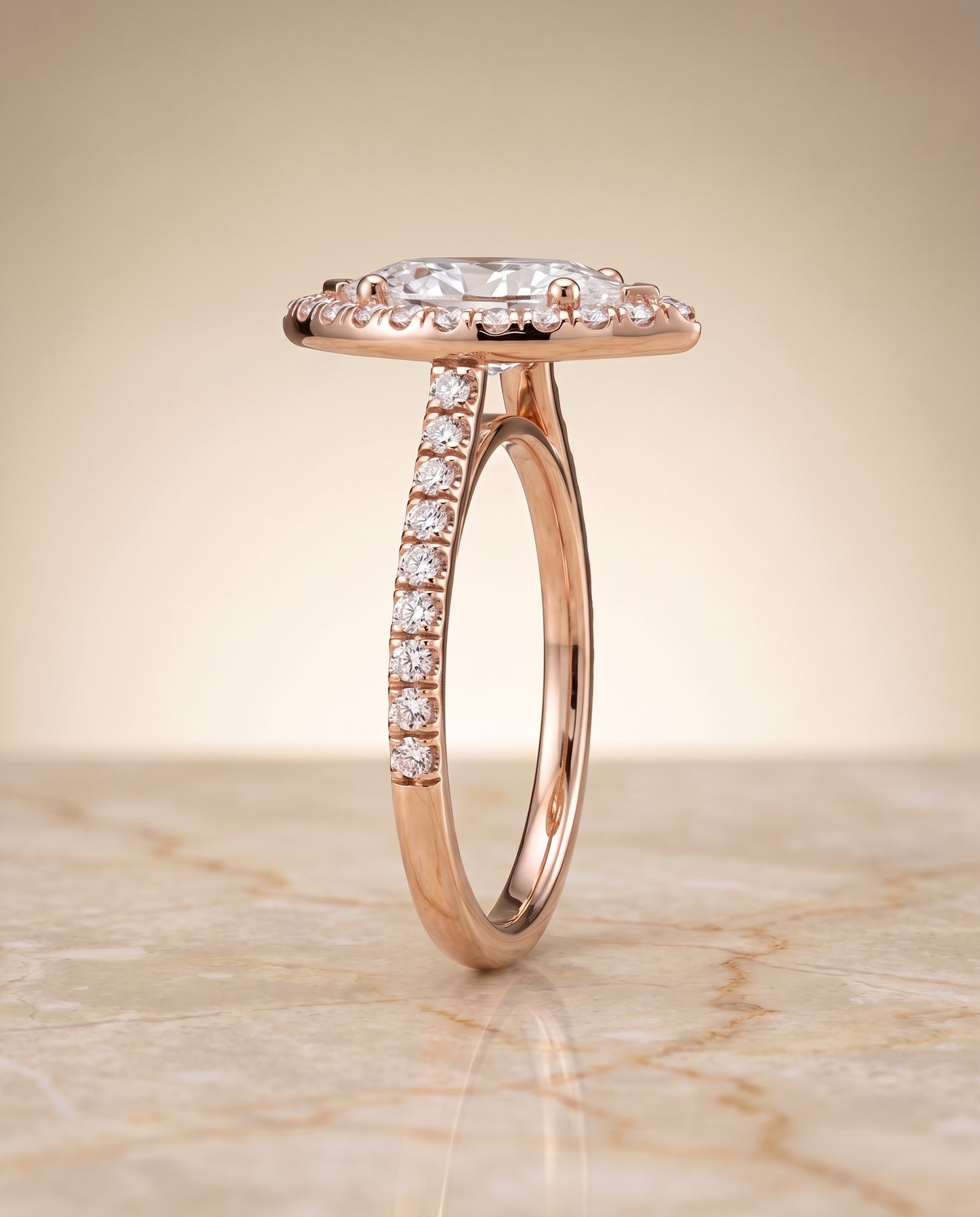 The Sade Classic French Pavé Halo Linear Marquise Engagement Ring Setting in 14K Rose Gold