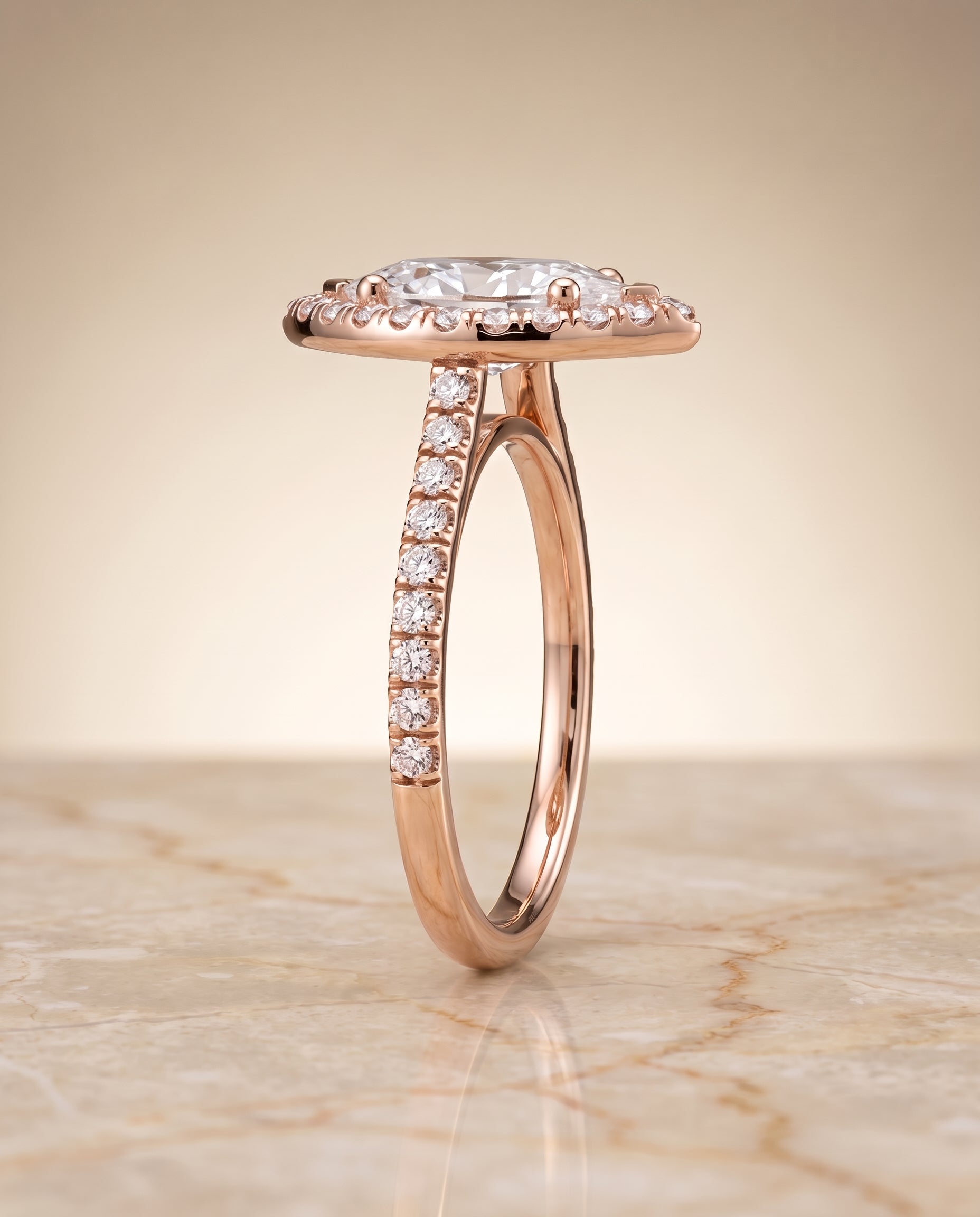 The Sade Classic French Pavé Halo Linear Marquise Engagement Ring Setting in 14K Rose Gold