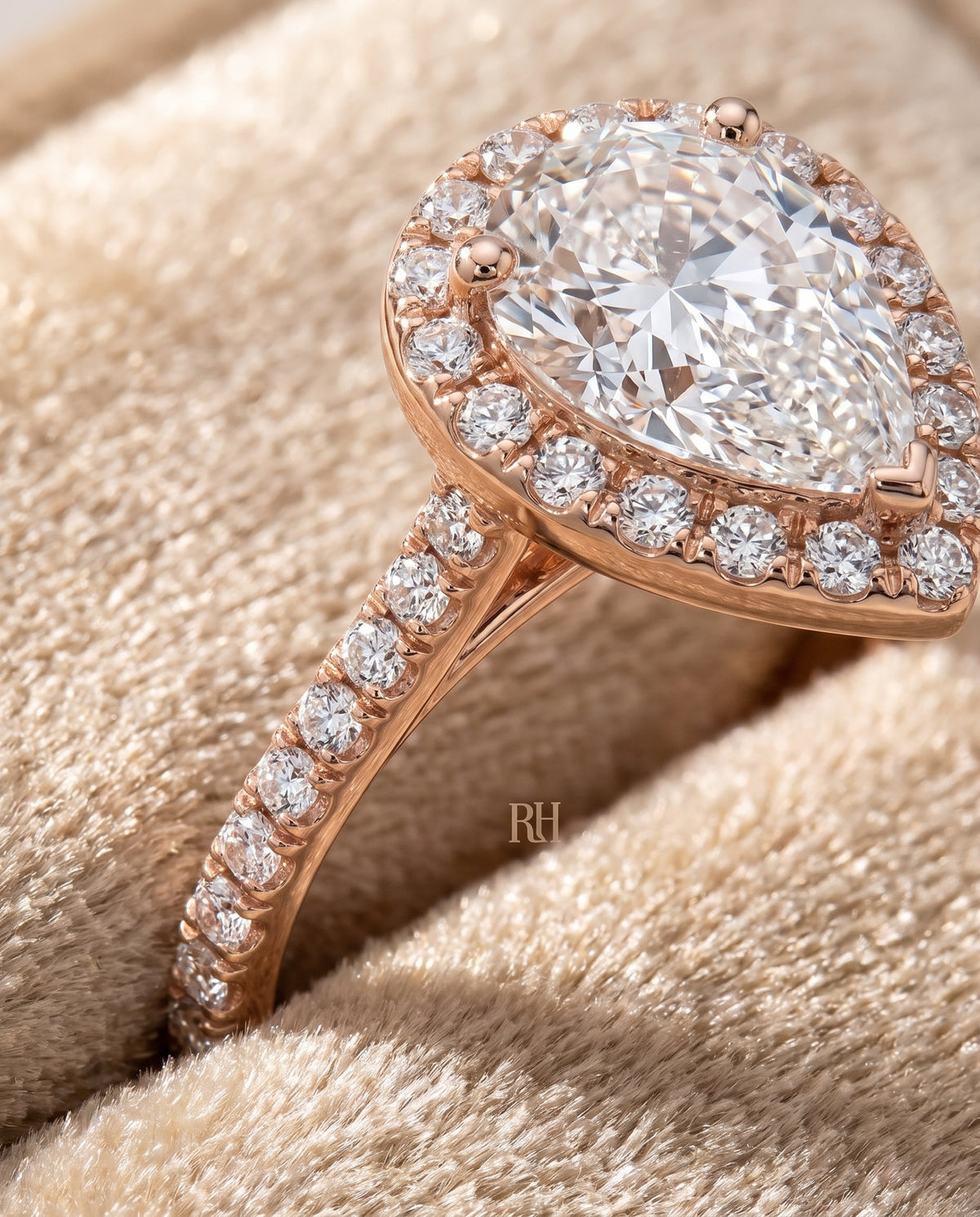 The Sade Classic French Pavé Halo Linear Pear Engagement Ring Setting in 14K Rose Gold