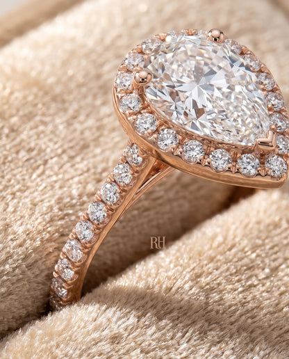 The Sade Classic French Pavé Halo Linear Pear Engagement Ring Setting in 14K Rose Gold