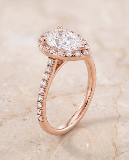 The Sade Classic French Pavé Halo Linear Pear Engagement Ring Setting in 14K Rose Gold