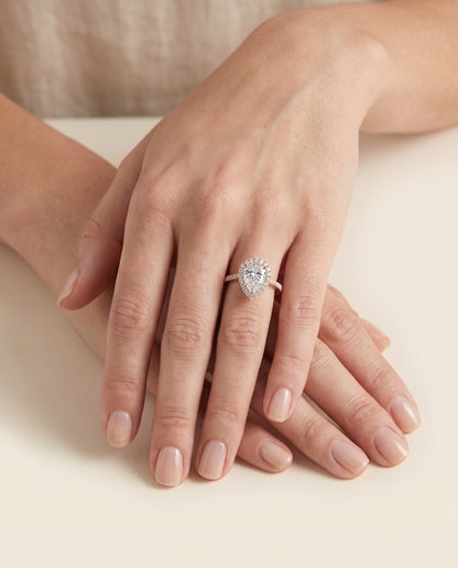 The Sade Classic French Pavé Halo Linear Pear Engagement Ring Setting in 14K Rose Gold