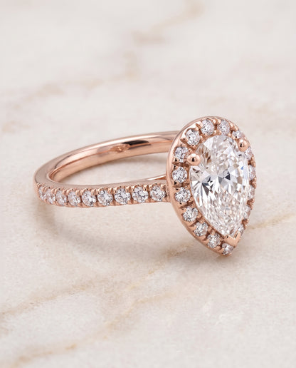 The Sade Classic French Pavé Halo Linear Pear Engagement Ring Setting in 14K Rose Gold