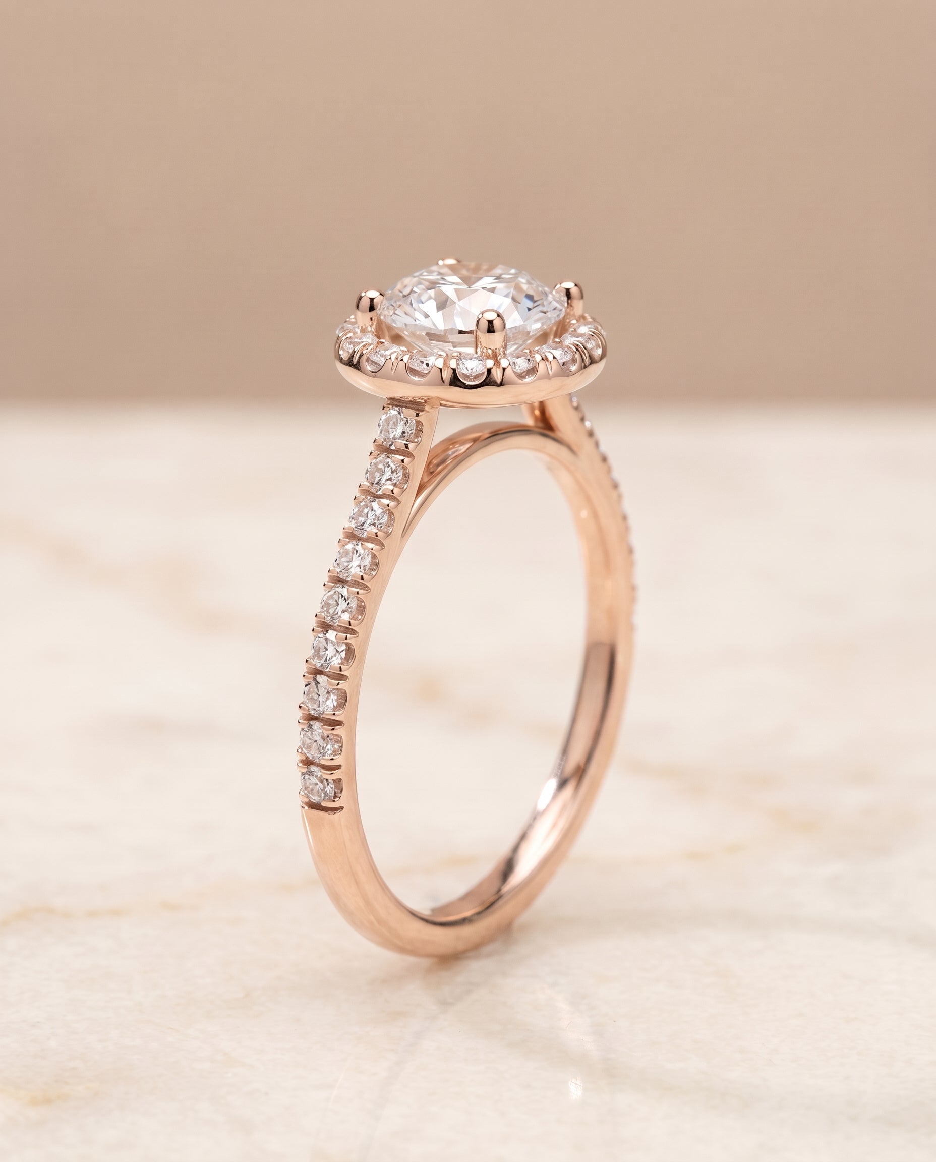Classic French Pavé Halo Linear styling on The Sade round engagement ring setting | RockHer