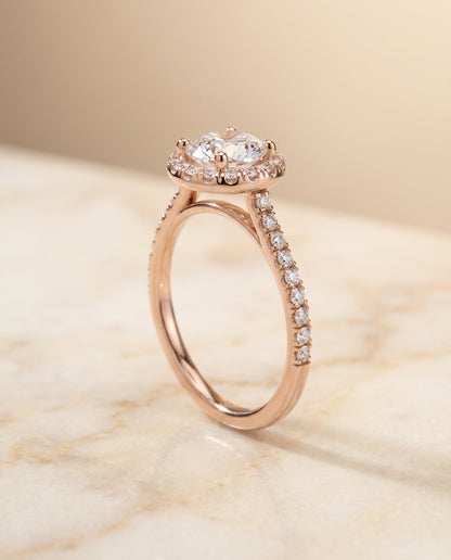 The Sade Classic French Pavé Halo Linear Round Engagement Ring Setting in 14K Rose Gold