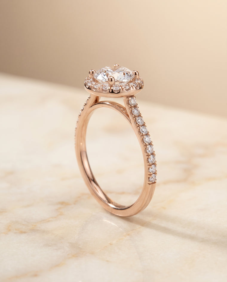 The Sade Classic French Pavé Halo Linear Round Engagement Ring Setting in 14K Rose Gold