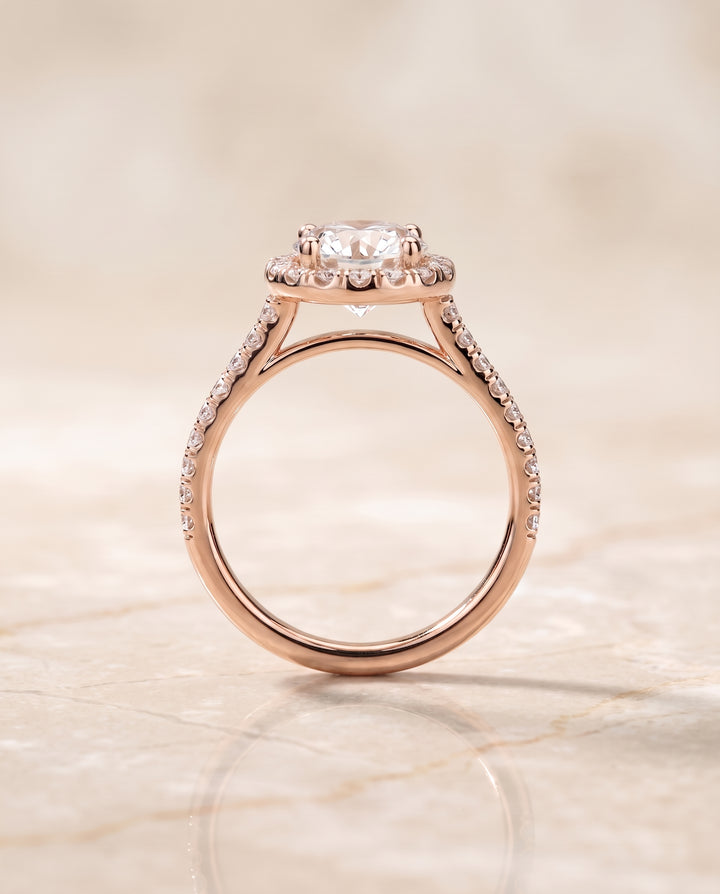The Sade Classic French Pavé Halo Linear Round Engagement Ring Setting in 14K Rose Gold