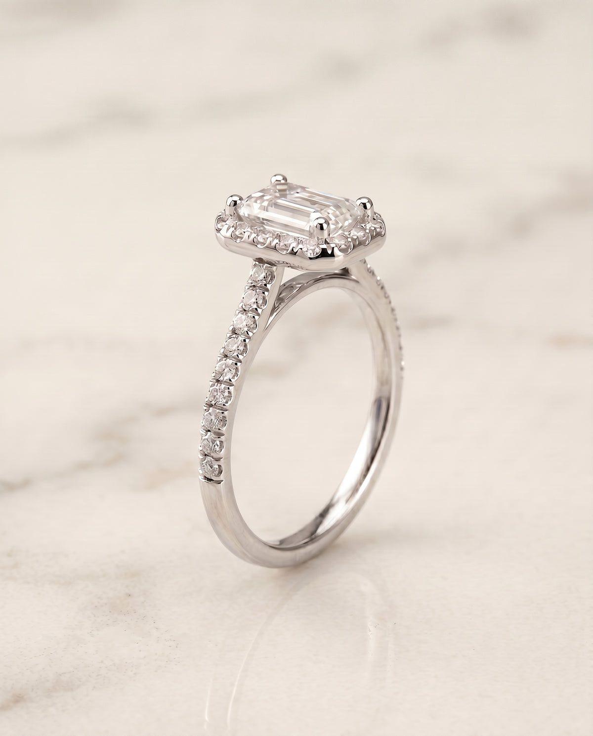 Classic French Pavé Halo Linear Cut styling on The Sade emerald engagement ring setting | RockHer