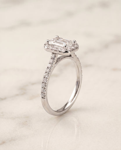 The Sade Classic French Pavé Halo Linear Emerald Cut Engagement Ring Setting in Platinum