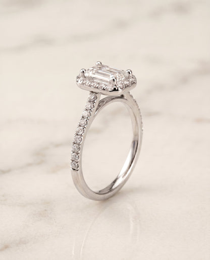 Sade Select Halo Emerald Cut Lab Diamond Engagement Ring in 18K White Gold, front view | RockHer