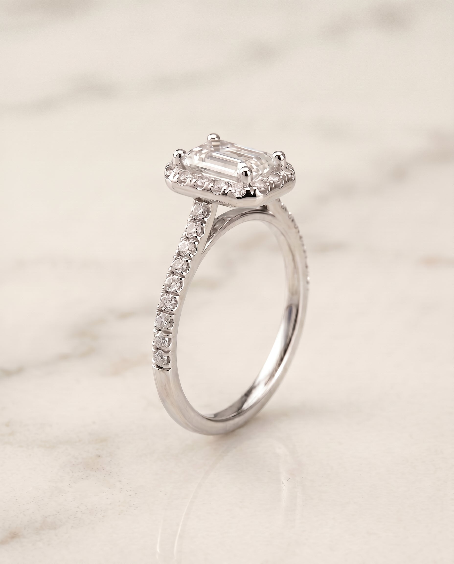 Sade Select Halo Emerald Cut Lab Diamond Engagement Ring in Platinum, front view | RockHer