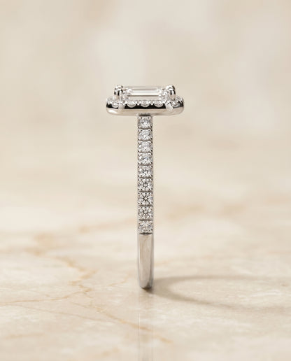 The Sade Classic French Pavé Halo Linear Emerald Cut Engagement Ring Setting in Platinum