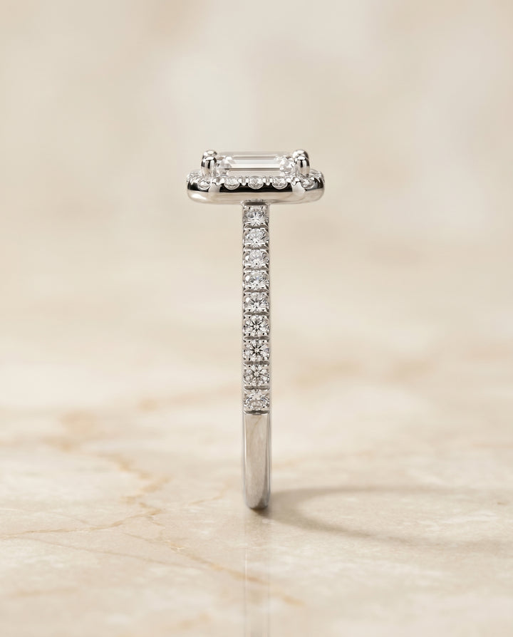 The Sade Classic French Pavé Halo Linear Emerald Cut Engagement Ring Setting in Platinum