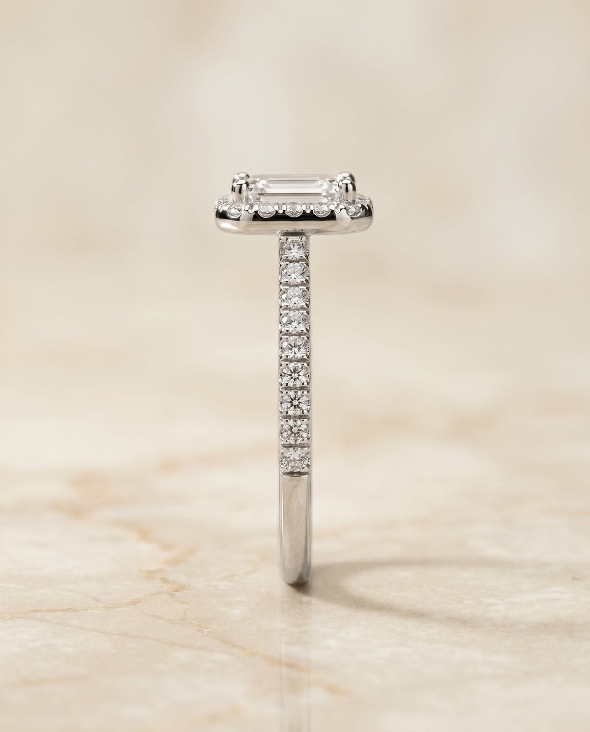 Sade Select Halo Emerald Cut Lab Diamond Engagement Ring in 18K White Gold, side view | RockHer