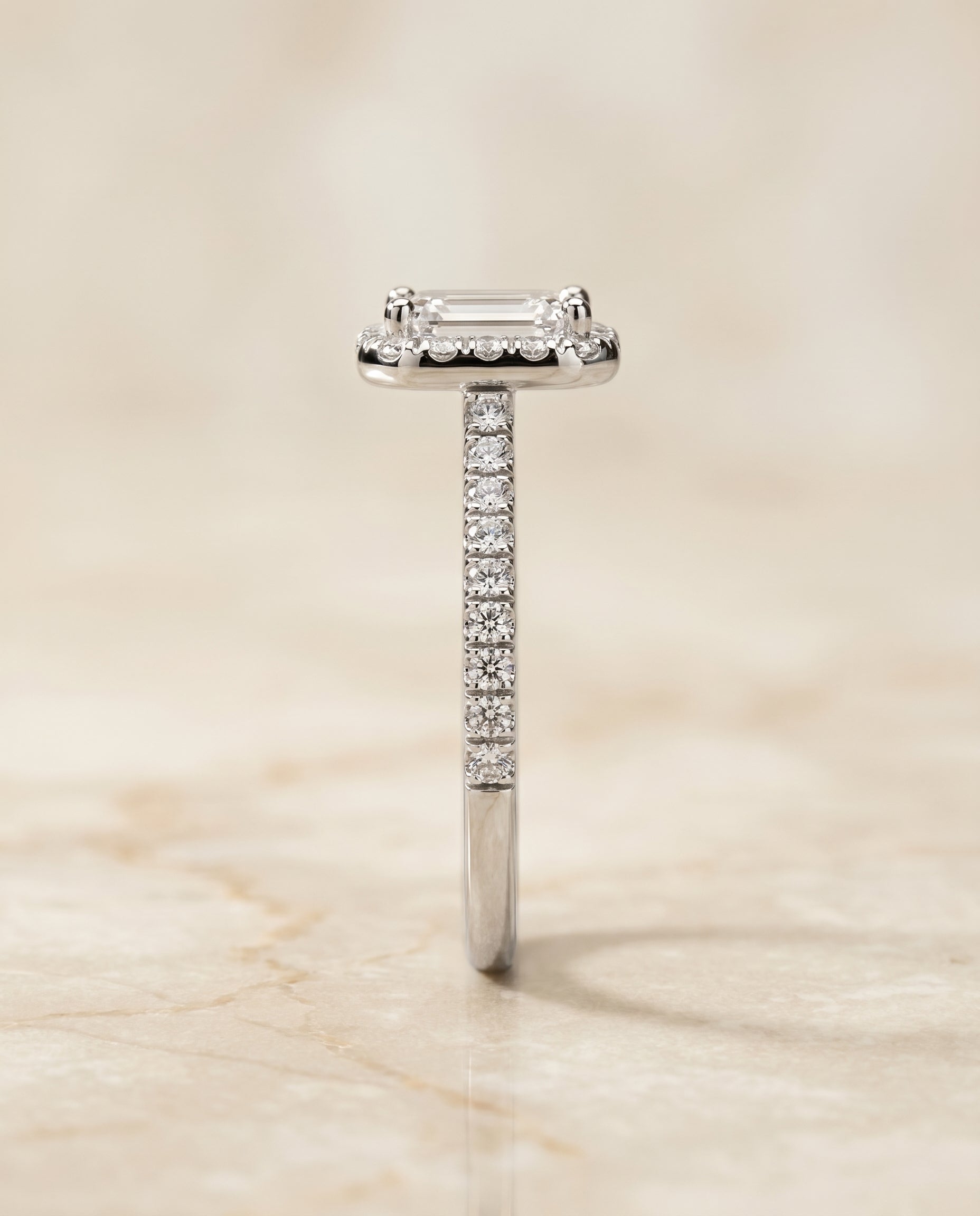Sade Select Halo Emerald Cut Lab Diamond Engagement Ring in Platinum, side view | RockHer