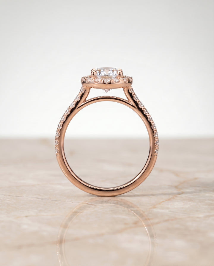 The Sade Classic French Pavé Halo Linear Oval Engagement Ring Setting in 14K Rose Gold